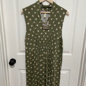 Matilda Jane "Dot your I's" Olive Green Polka Dot Collared V-neck Sleeveless Mid